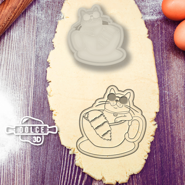 Cat in a Coffee Cup Cookie Cutter - Dolce3D